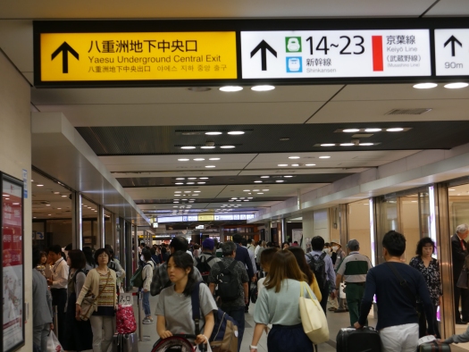 Vi landade strax före kl. 09:00 morgonen därpå och löste in våra Japan Rail Pass. Allt gick väldigt smidigt så vi hann med ett tåg (Narita Express) som avgick 09:48 från flygplatsen. En knapp timme senare hamnade vi mitt i det organiserade kaoset på Tokyo Station. Tack vare god förberedelse lyckades vi navigera oss fram till rätt utgång.